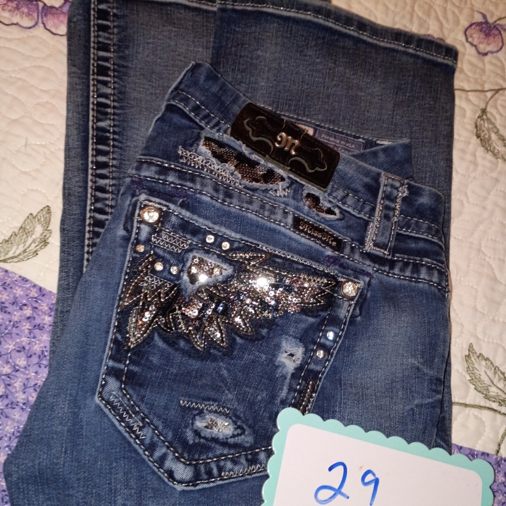 Vintage Y2K Mss Me Boot Cut Distressed Bling Jeans Pants Women's Embellished